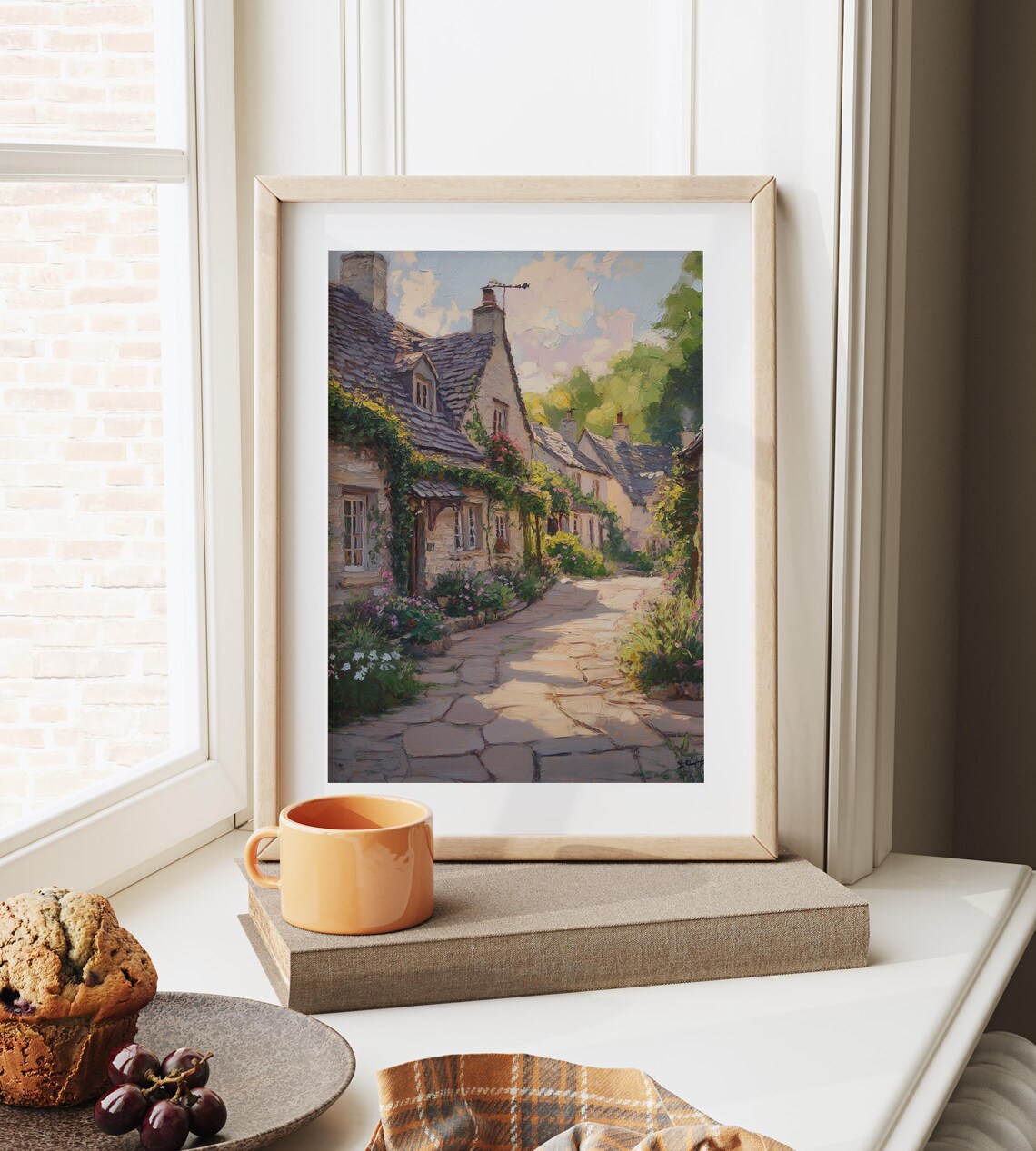 Sunlit English Village Lane Ivy Covered Stone Cottages Poster - Image 4
