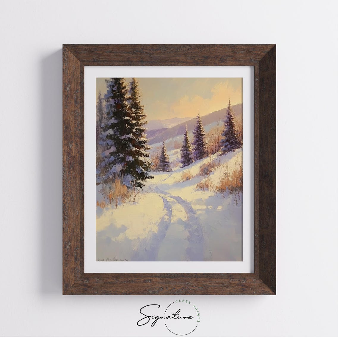 Golden Sunset Over Snowy Pine Hillside Winter Trail Scene Poster - Image 3