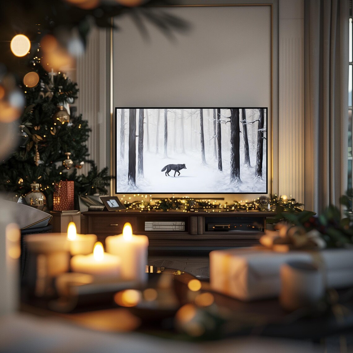 Black Wolf Walking Through Snowy Forest Misty Winter Scene Poster - Image 6