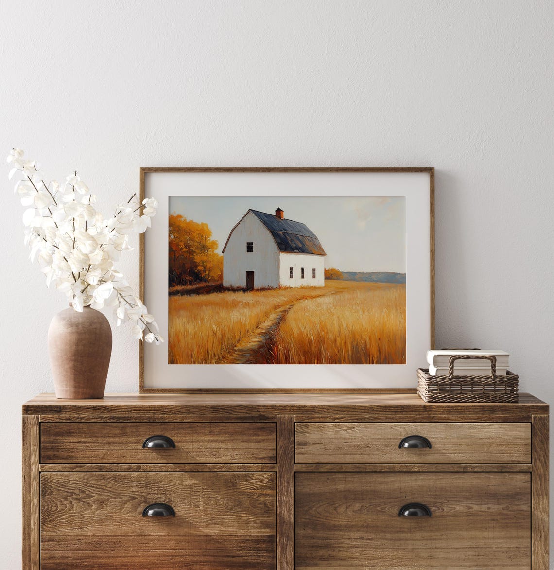 White Barn Standing Alone in Endless Golden Wheat Field Wall Art - Image 3