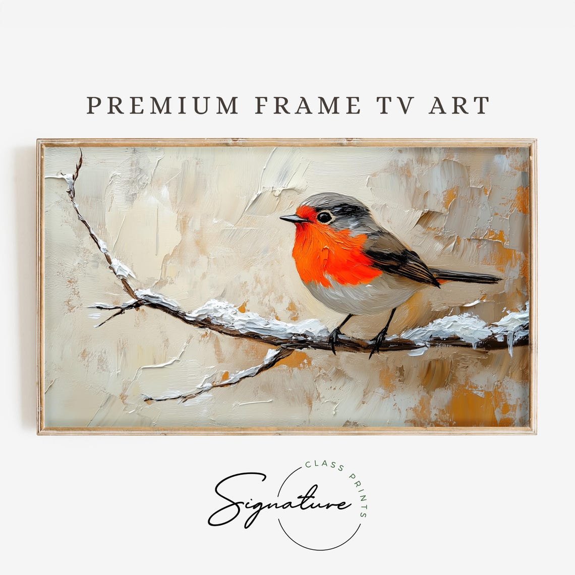 Cheerful Robin On Snowy Branch Winter Frame TV Art Bird Poster