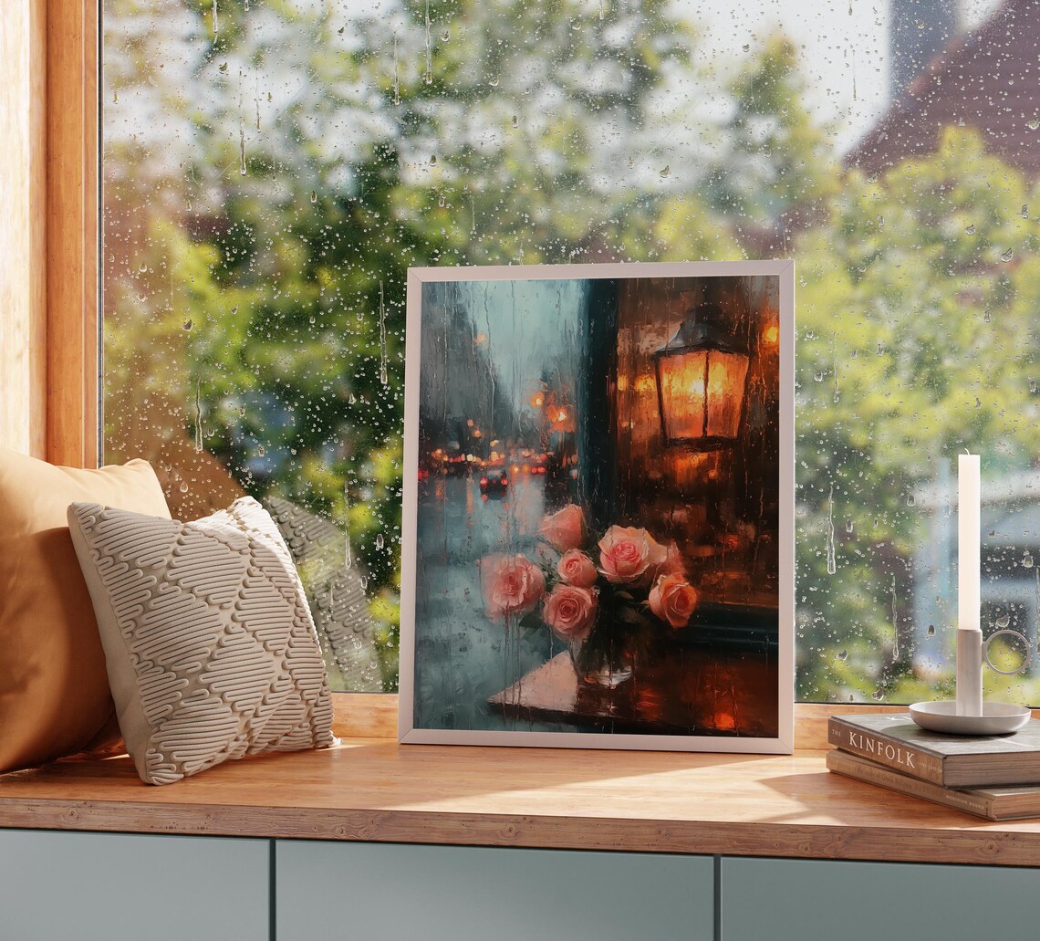 Rainy Night Coffee Shop Reflection With Roses Romantic Valentines Day Wall Art Moody Rustic Painting Decor Scene 3567 - Image 3