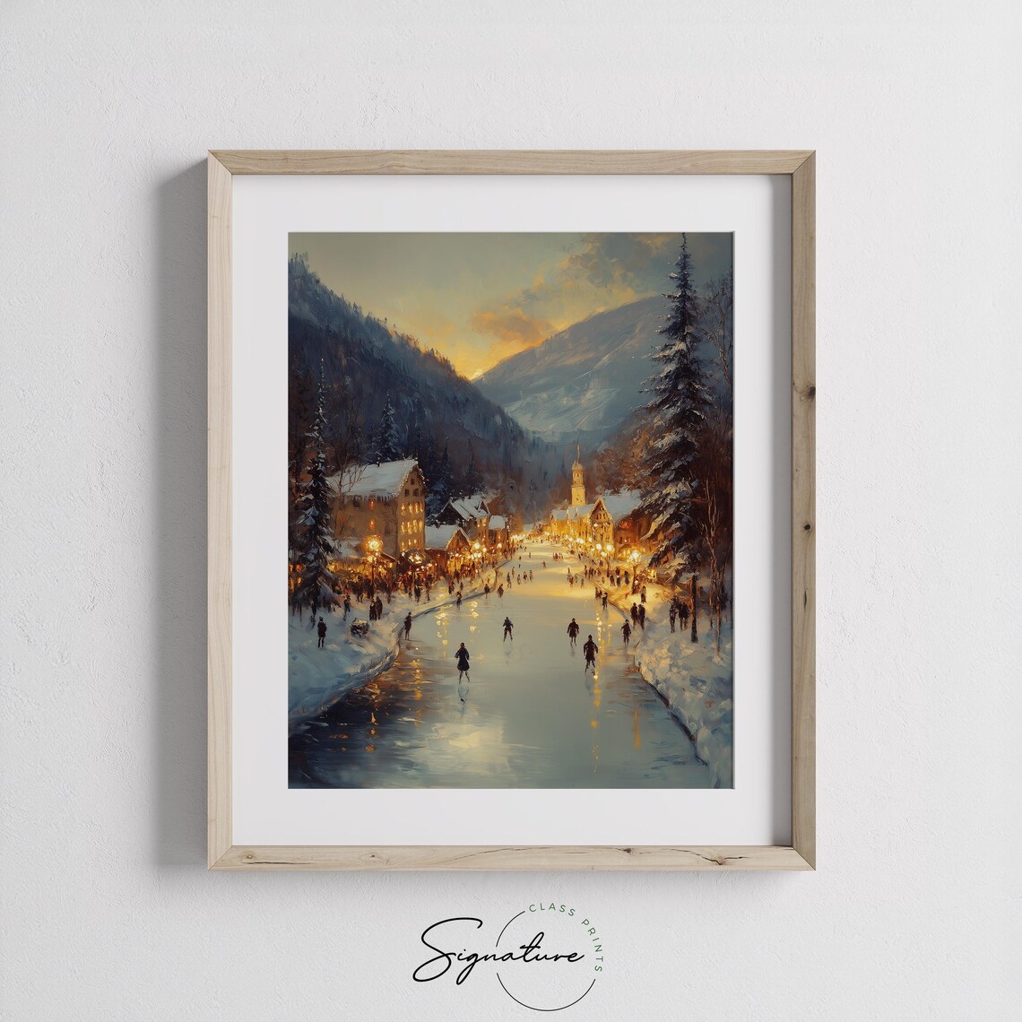 Sunset Ice Skaters on Frozen River in Alpine Village Glow Poster - Image 2