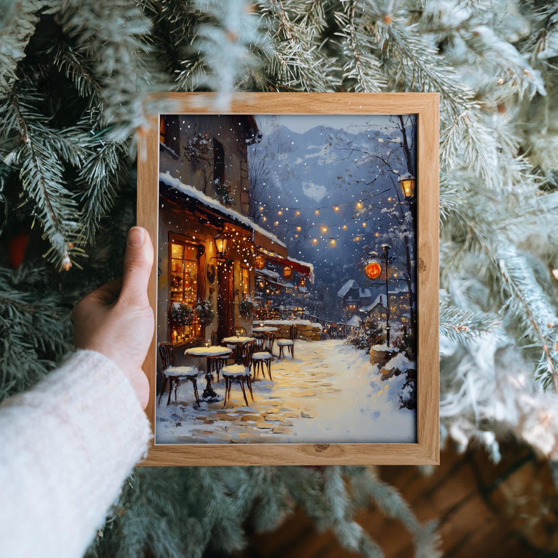 Cobblestone Village Square In Winter With Cafe Lights Poster - Image 6