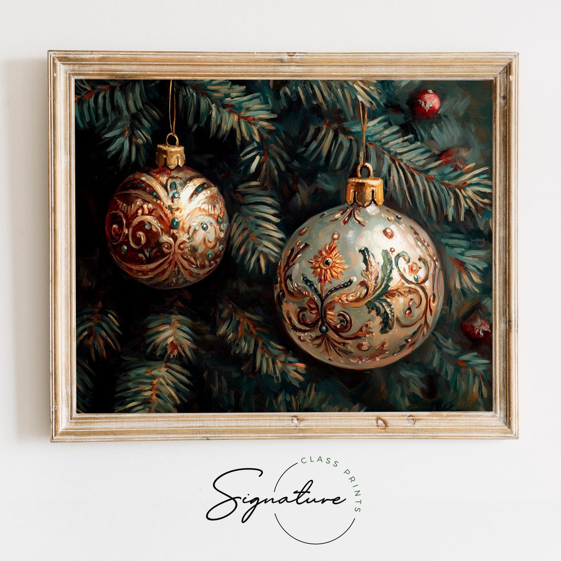 Copper And Sage Ornate Christmas Ornaments On Pine Branch Poster
