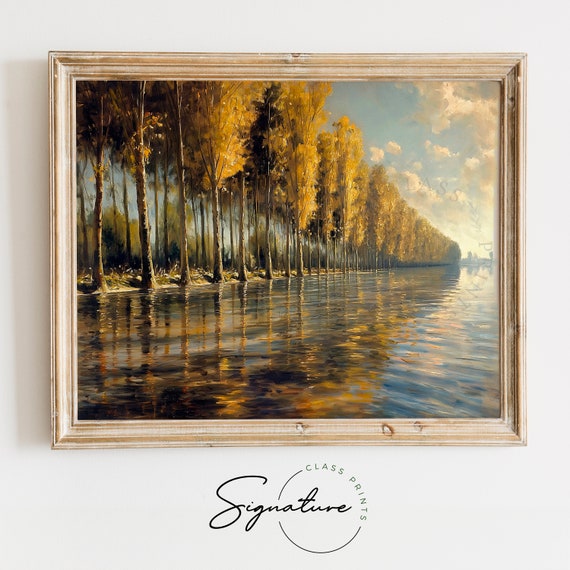 Poplars Along The River Epte Painting Water Reflection Art Scenic Nature Artwork Landscape Wall Decor River Scene 885