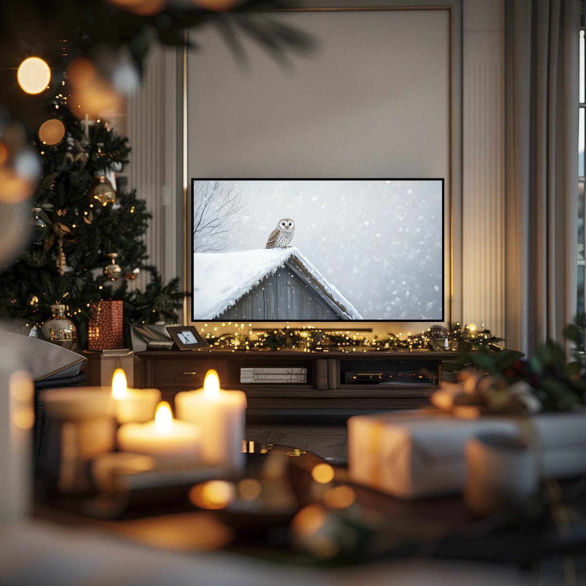 Barred Owl on Snowy Barn Roof Winter Falling Snow Art Poster - Image 6
