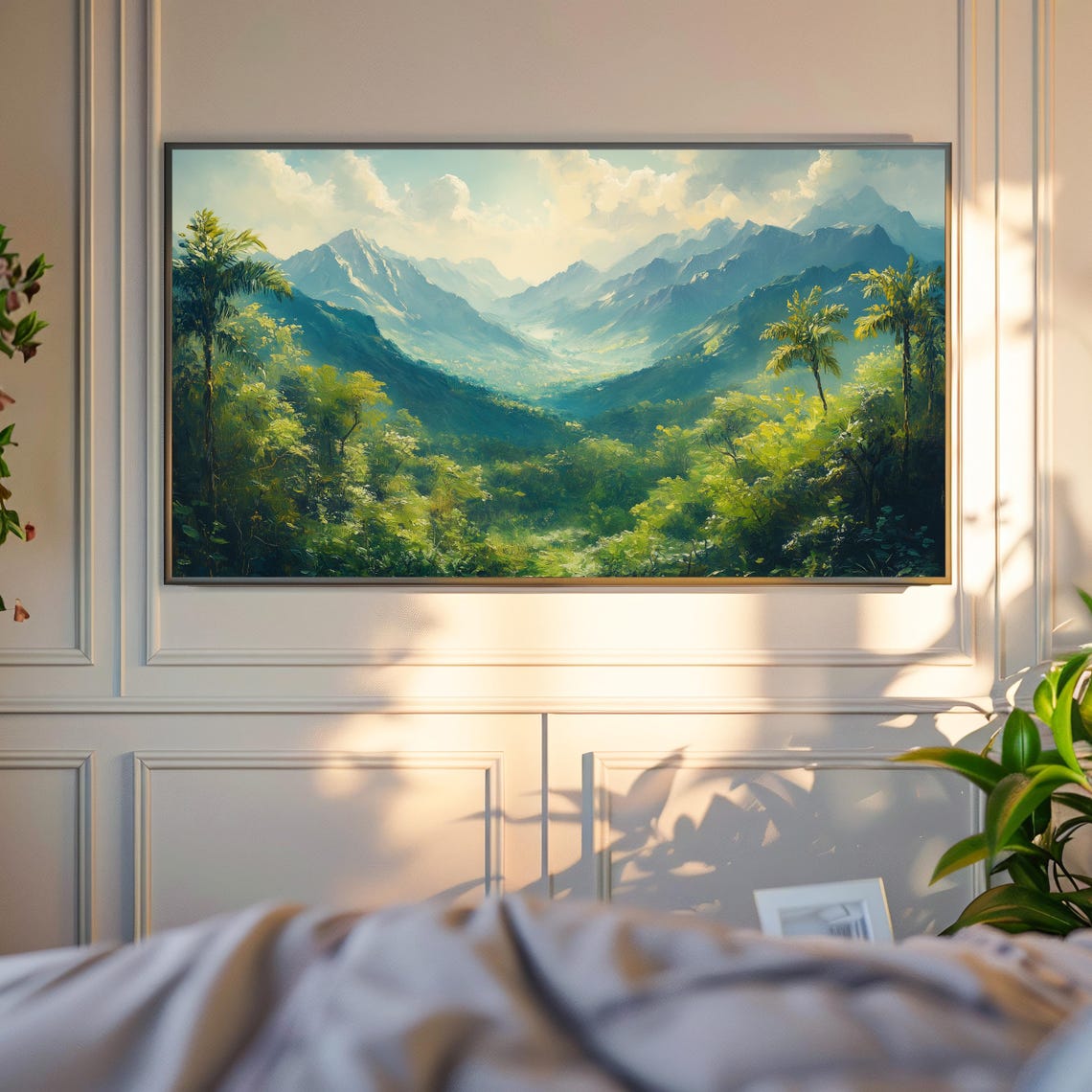 Lush Tropical Green Mountain Valley Palm Trees Misty Peaks Wall Art - Image 6