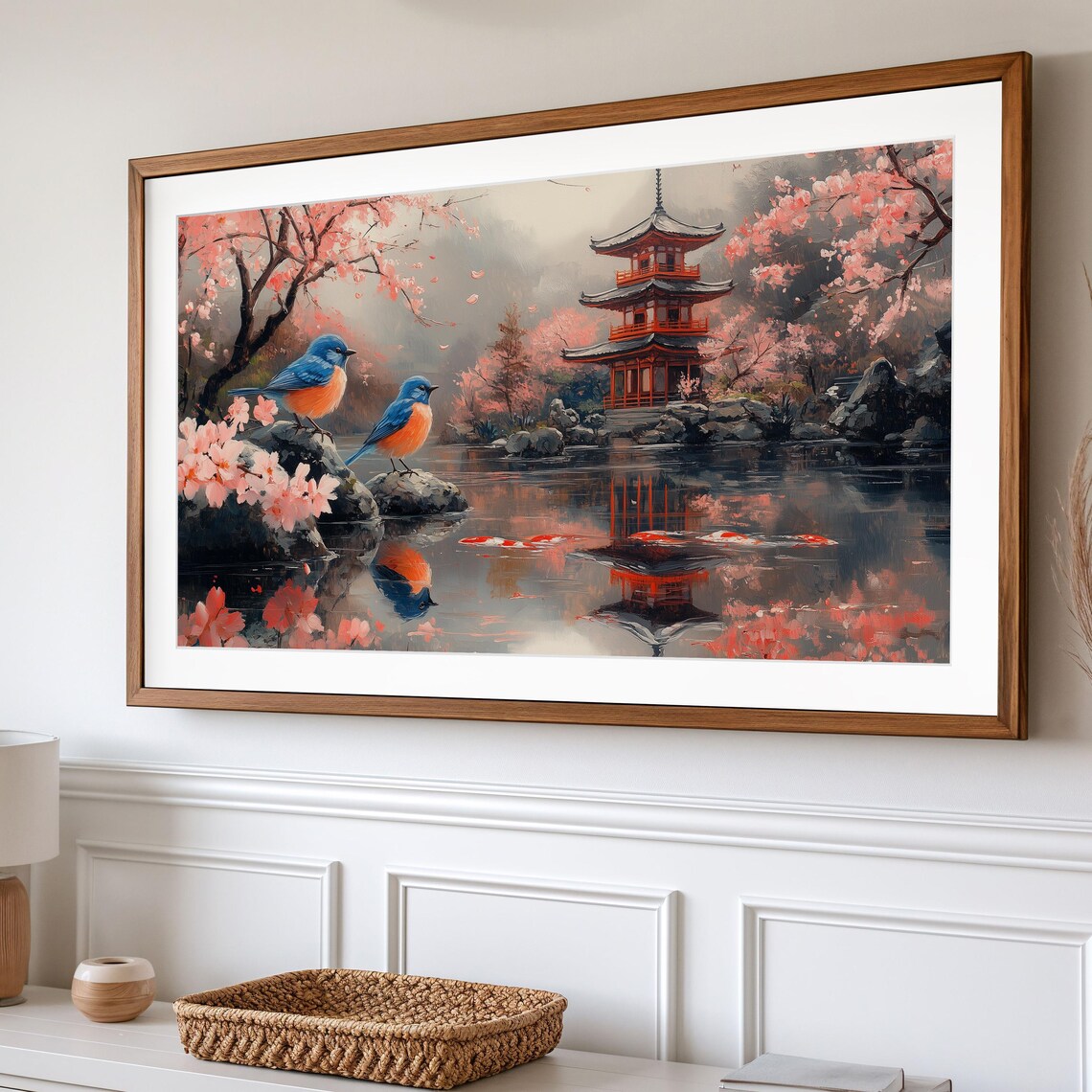 Japan Pagoda Lake Bluebirds Cherry Blossom Scenic Travel Poster - Image 2