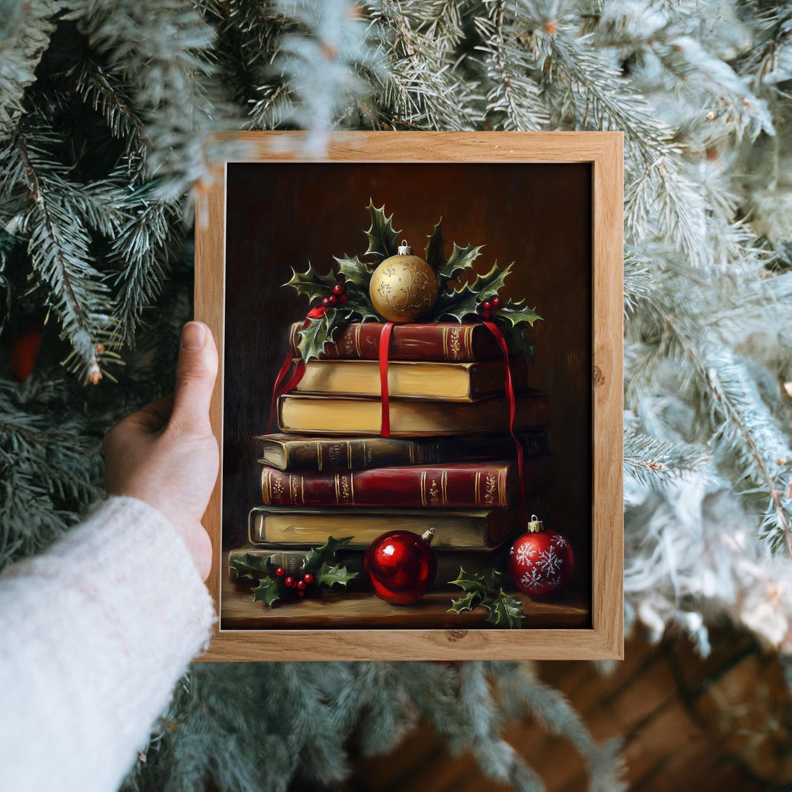 Stack of Vintage Books with Holly and Ornaments Christmas Print - Image 6