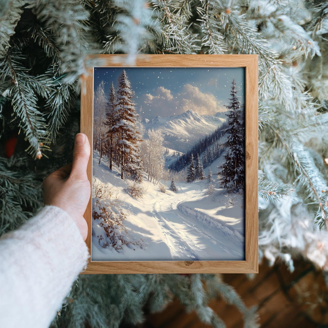 Sunlit Mountain Pass with Snow Laden Pines Winter Trail Poster - Image 6