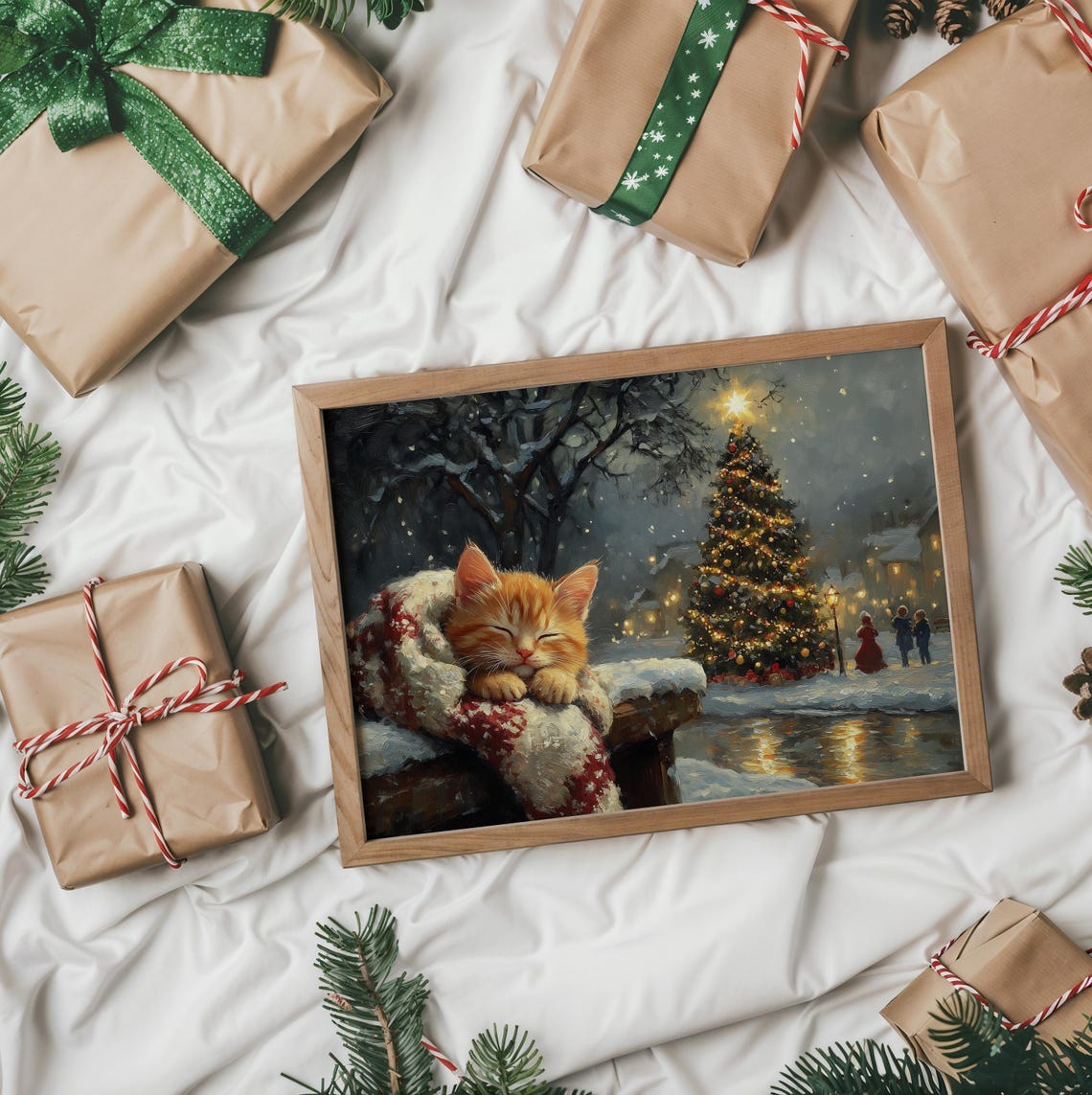 Sleeping Ginger Kitten on Knit Blanket Overlooking Snowy Pond Poster - Image 2