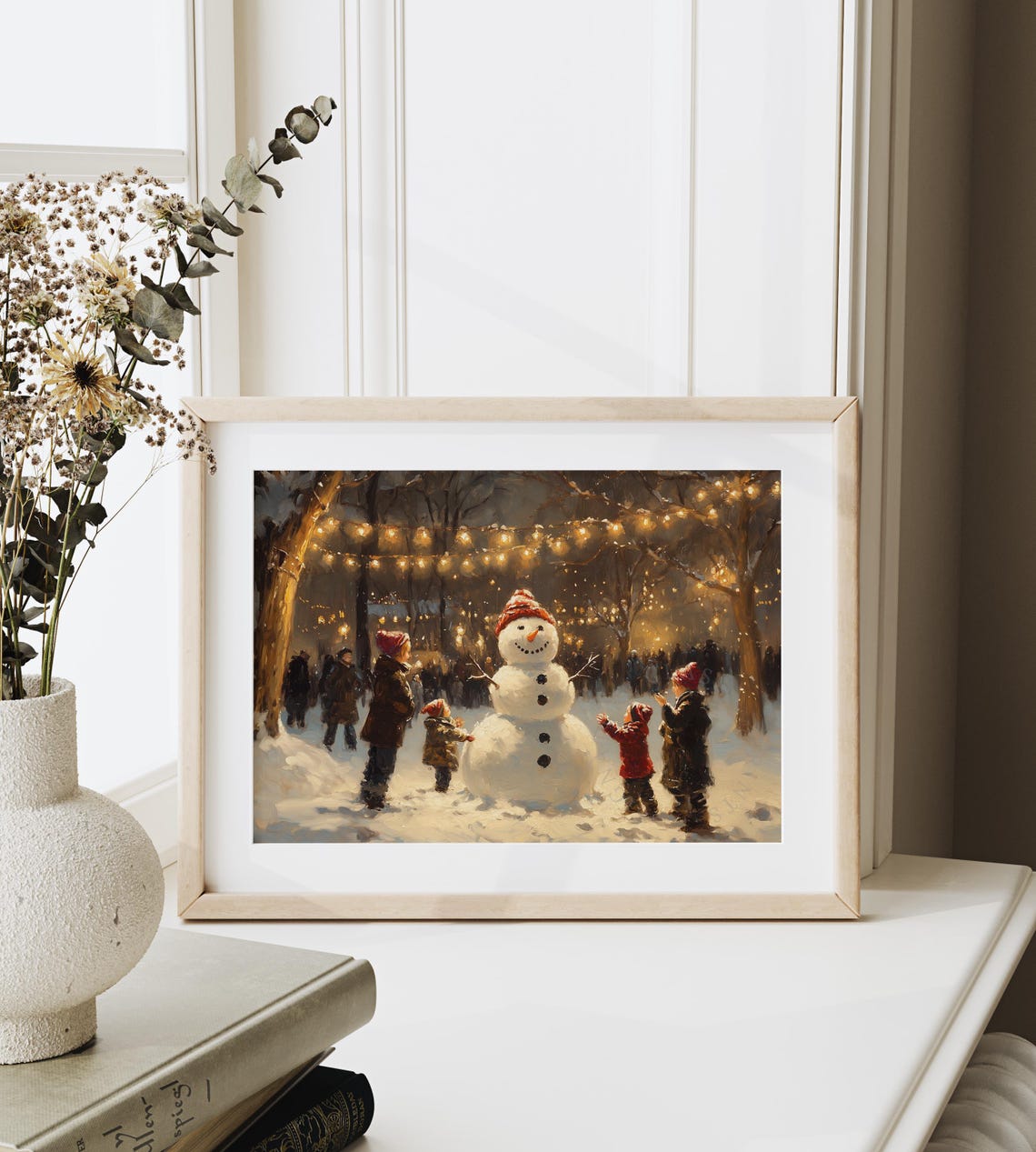 Children Building A Big Snowman Under Twinkling Winter Lights Poster - Image 6