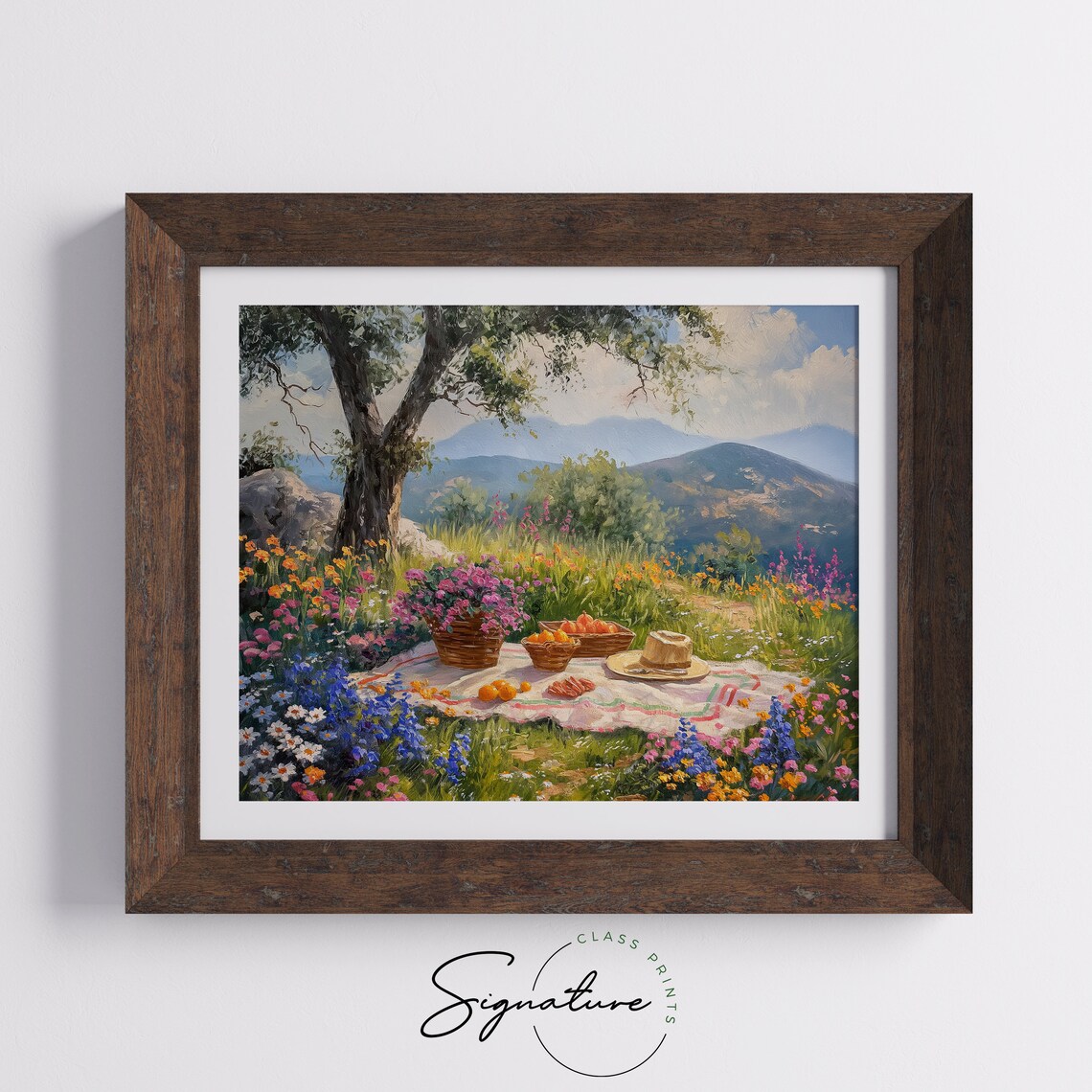 Wildflower Picnic Basket Fruit Summer Meadow Mountains Vintage Oil Poster - Image 5