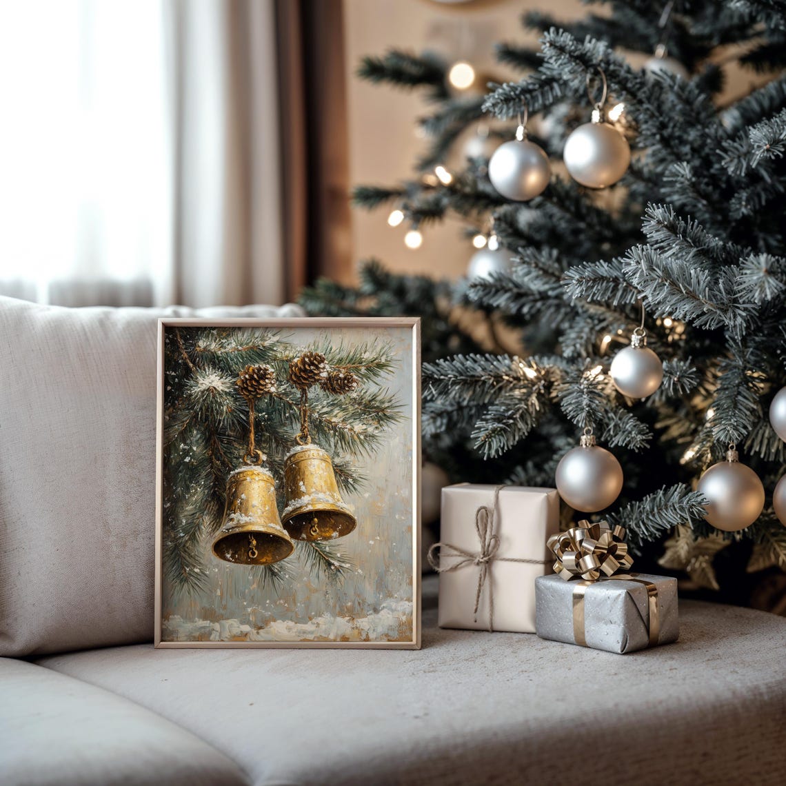 Pair of Golden Christmas Bells on a Snowy Evergreen Branch Poster - Image 5
