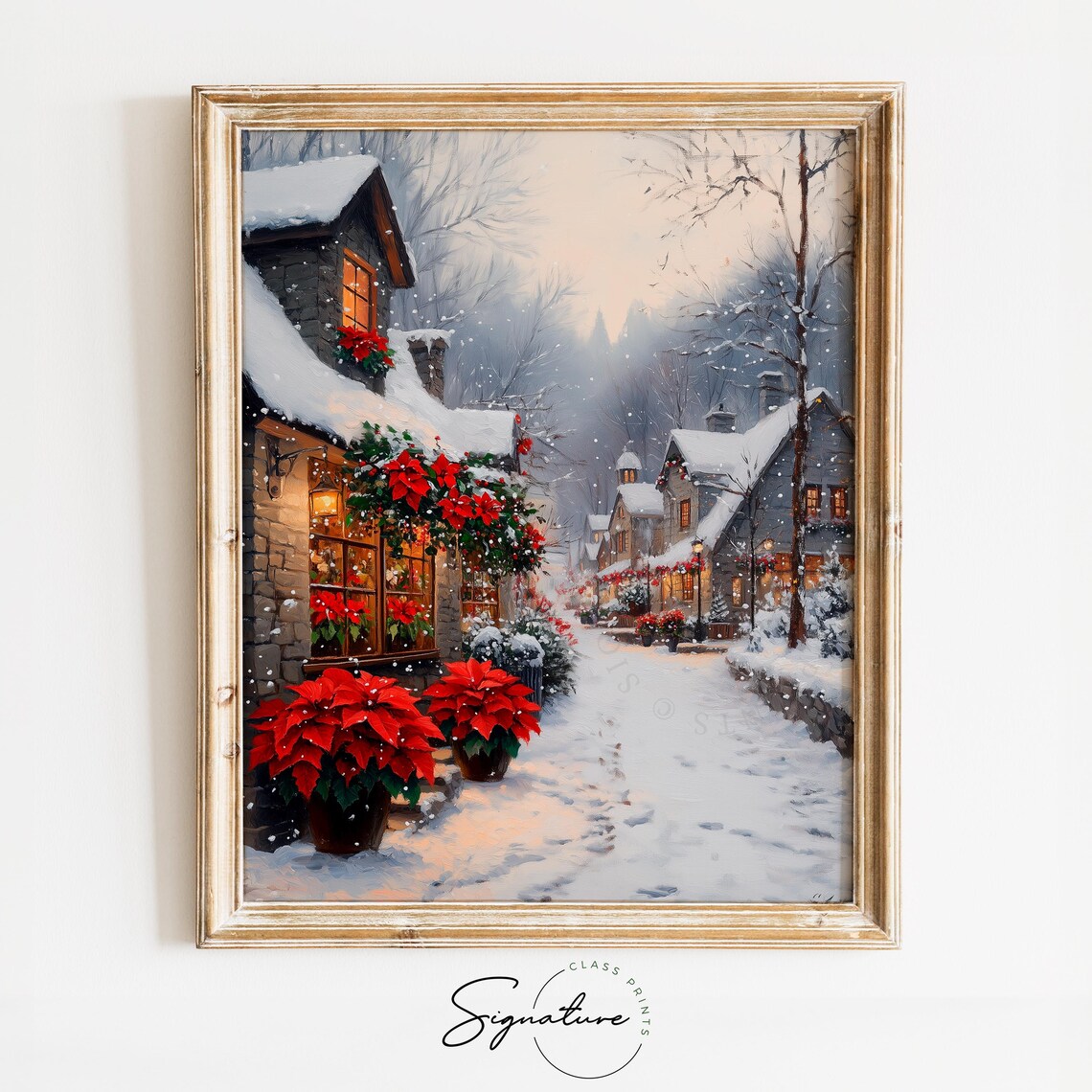 Poinsettia Flower Shop on a Snowy Village Street Christmas Poster