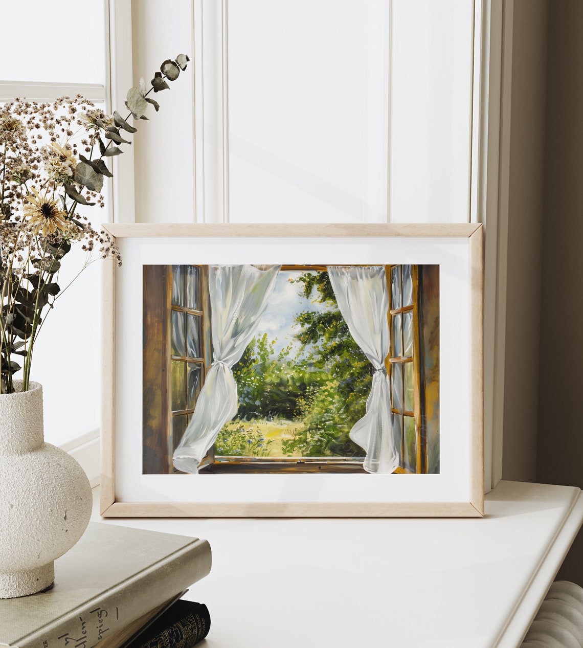Open Window Billowing Sheer Curtains Summer Garden View Poster - Image 6