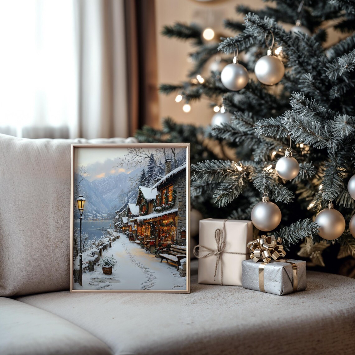Snowy Lakeside Village At Dusk With Warm Lamp Glow Winter Poster - Image 5
