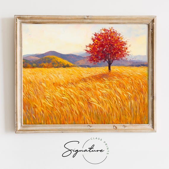 Lone Autumn Tree In Wheat Field Moody Fall Landscape Art Rustic Earthy Decor Cottagecore Autumn Wall Art 1616
