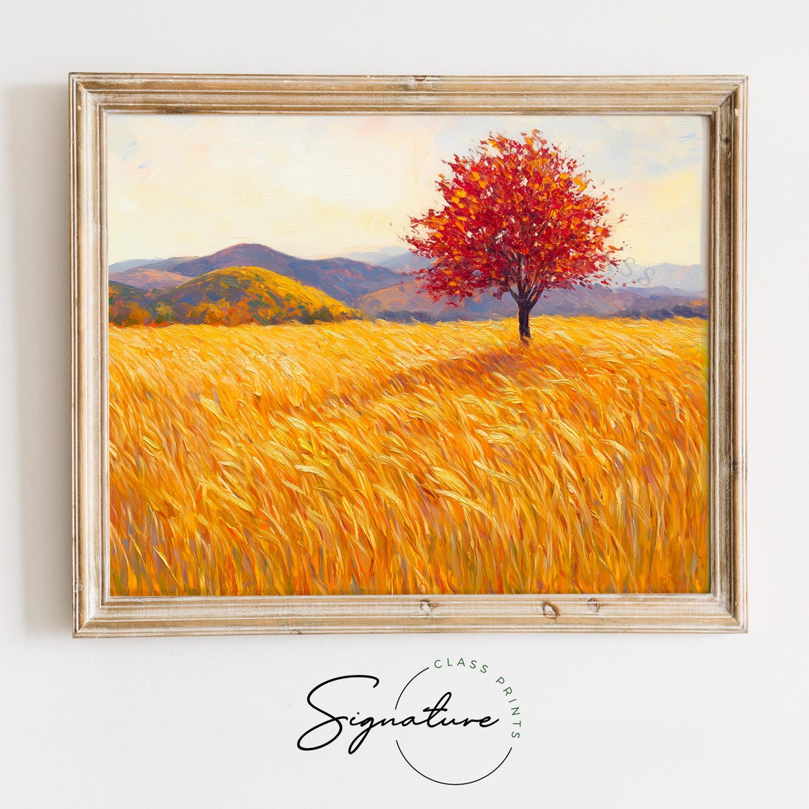 Lone Red Autumn Tree Golden Wheat Field Fall Landscape Painting Poster