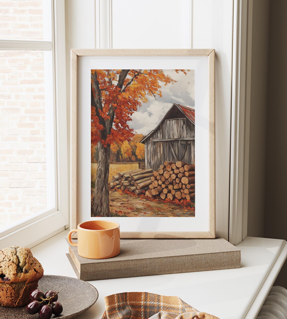 Weathered Barn With Stacked Firewood Under Blazing Autumn Tree Wall Art - Image 6