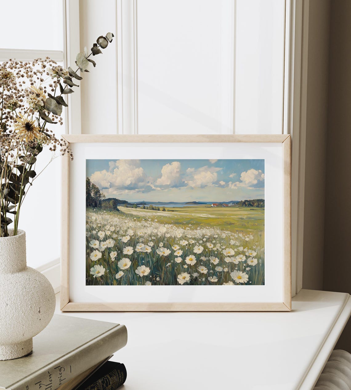 White Flowers Blooming Meadow Lakeside Summer Cottagecore Art Poster - Image 6