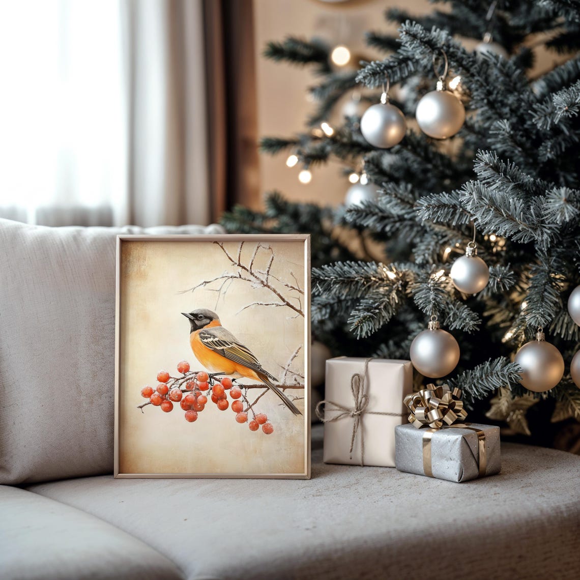 Orange Breasted Songbird on Frosted Red Berry Branch Winter Poster - Image 5