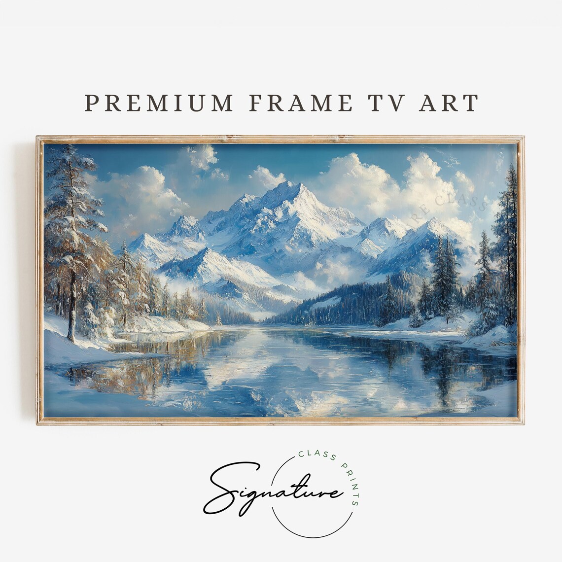 Snowy Mountain Range Mirror Reflection In Alpine Lake Winter Scene Art Poster