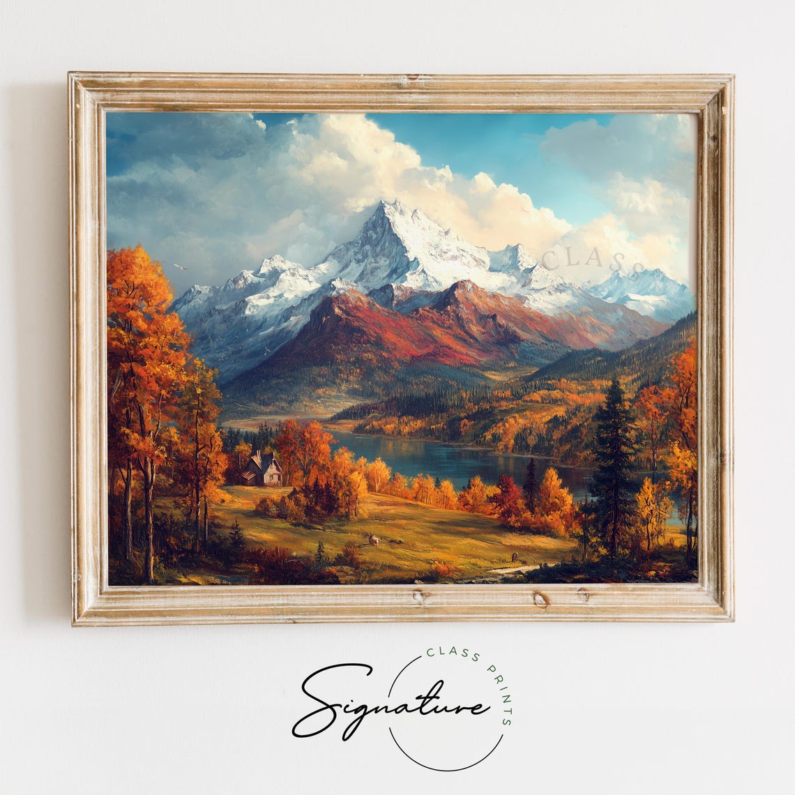 Alpine Autumn Glory Snowy Peaks Golden Lake Cabin Fall Poster