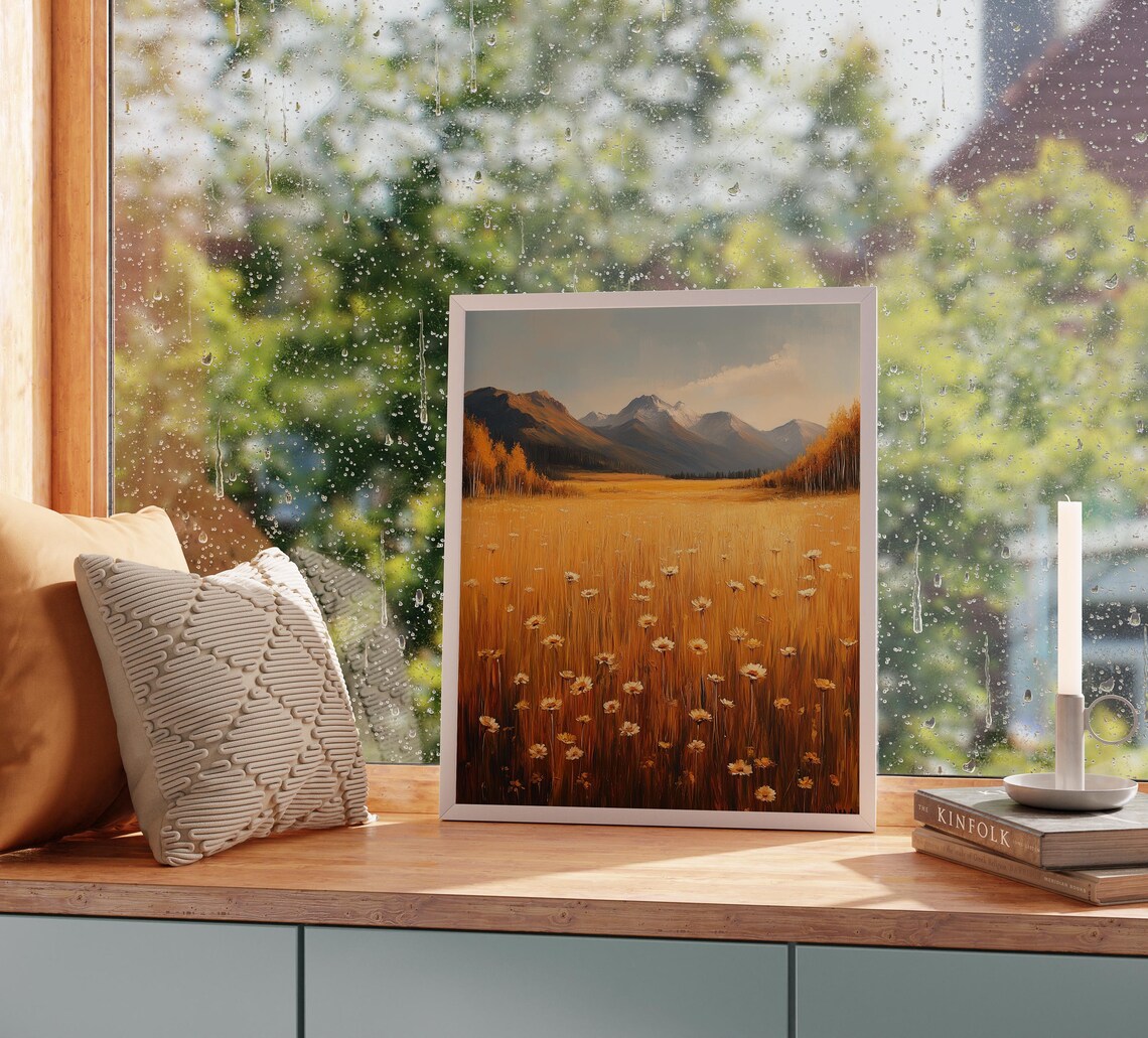 Golden Wildflower Field Mountain Valley Snowy Peak Landscape Print - Image 2