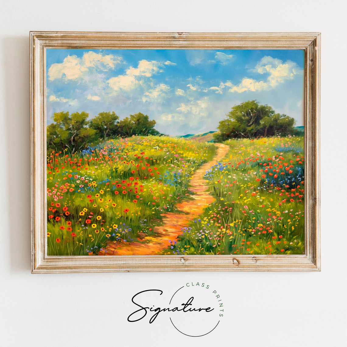 Sunny Wildflower Path Under Blue Sky Impressionist Meadow Poster