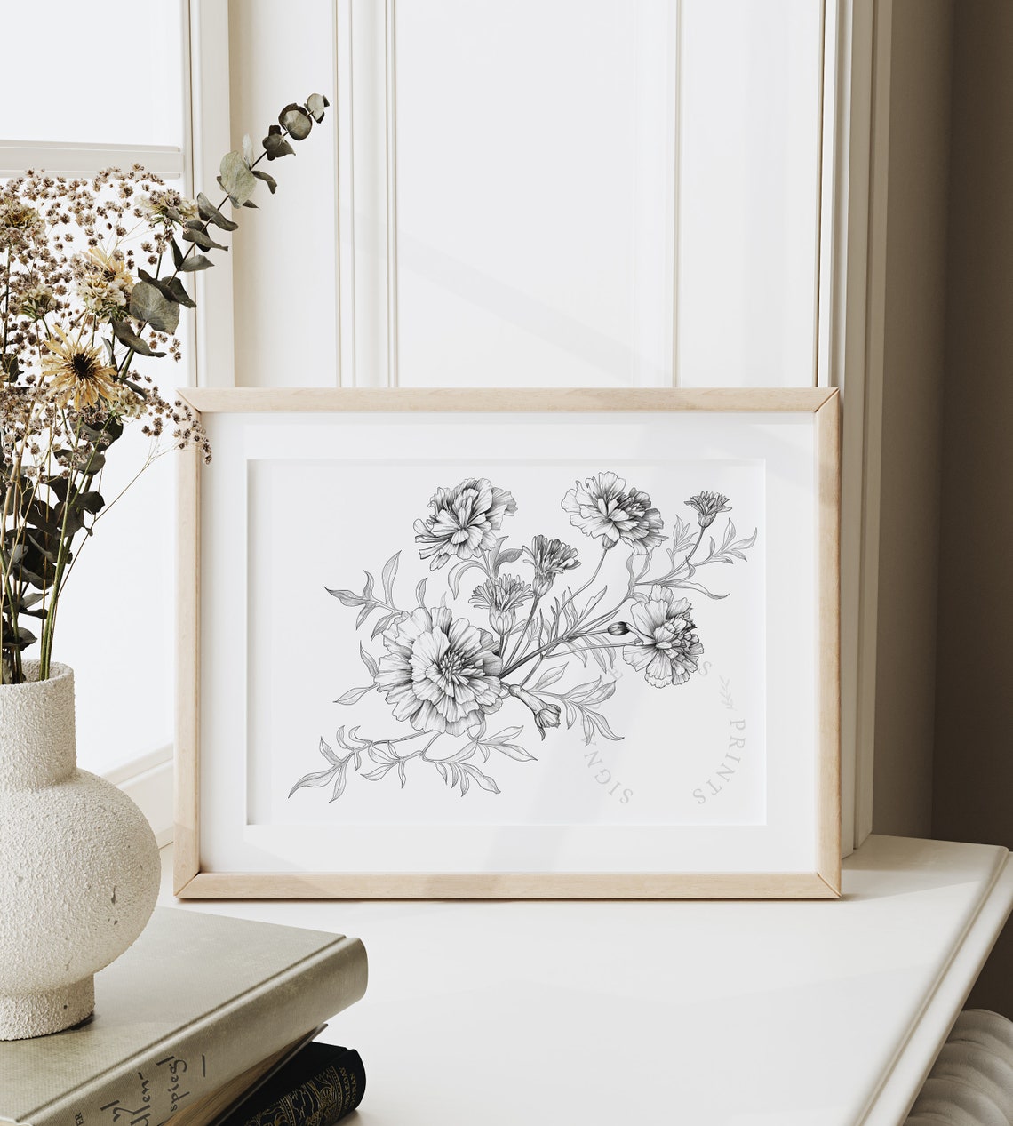 Marigold Cluster Fine Detailed Ink Botanical Line Drawing Poster - Image 6