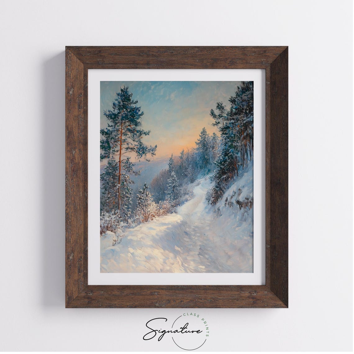 Snowy Forest Path at Sunset Under Blue and Peach Sky View Poster - Image 3