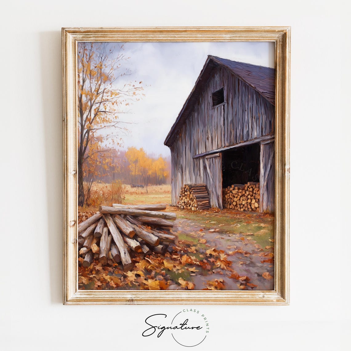 Weathered Gray Barn Firewood Stack Fall Harvest Country Painting Print