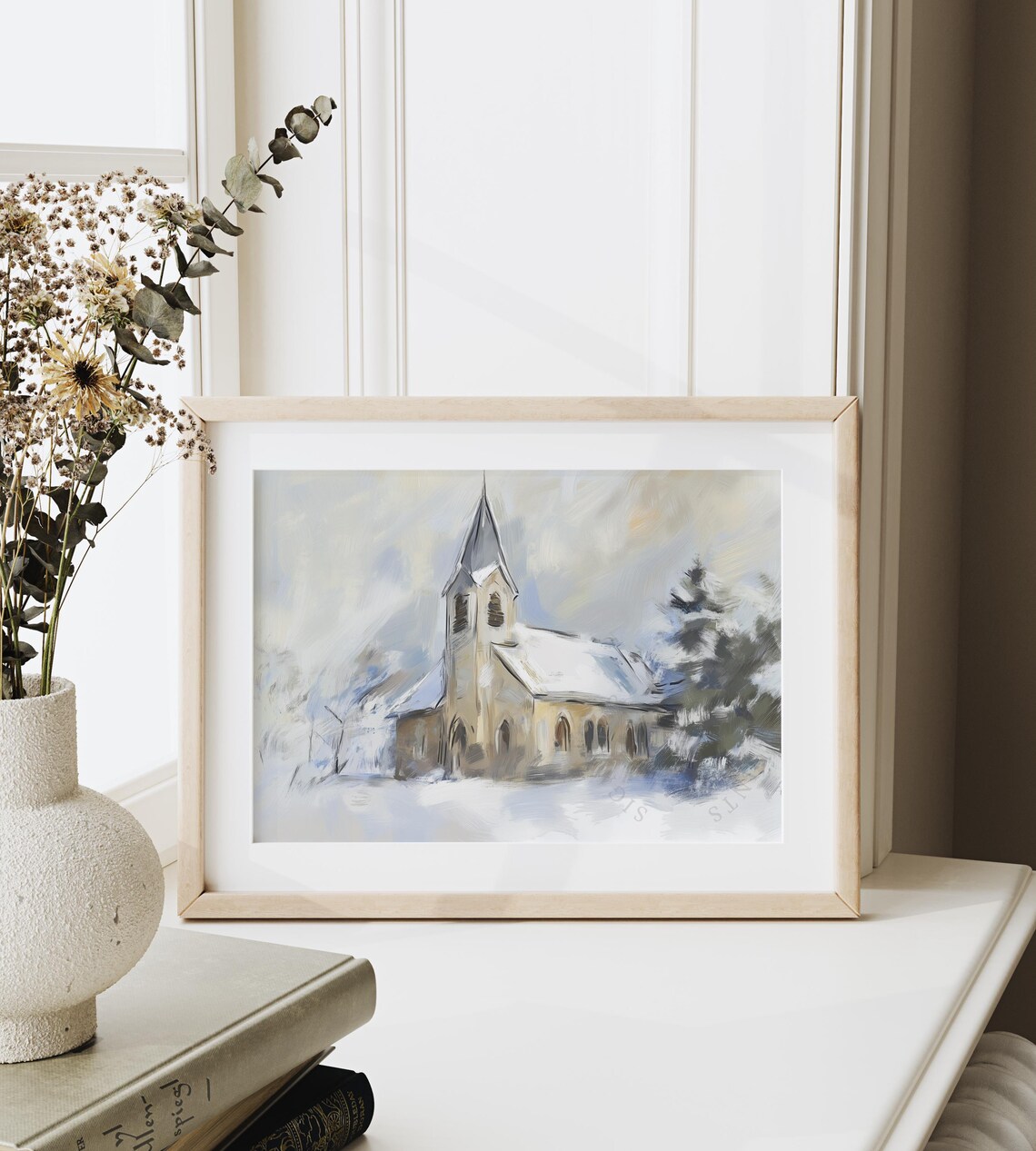 Old Stone Church In Winter Snow Soft Impressionist Painting Poster - Image 6