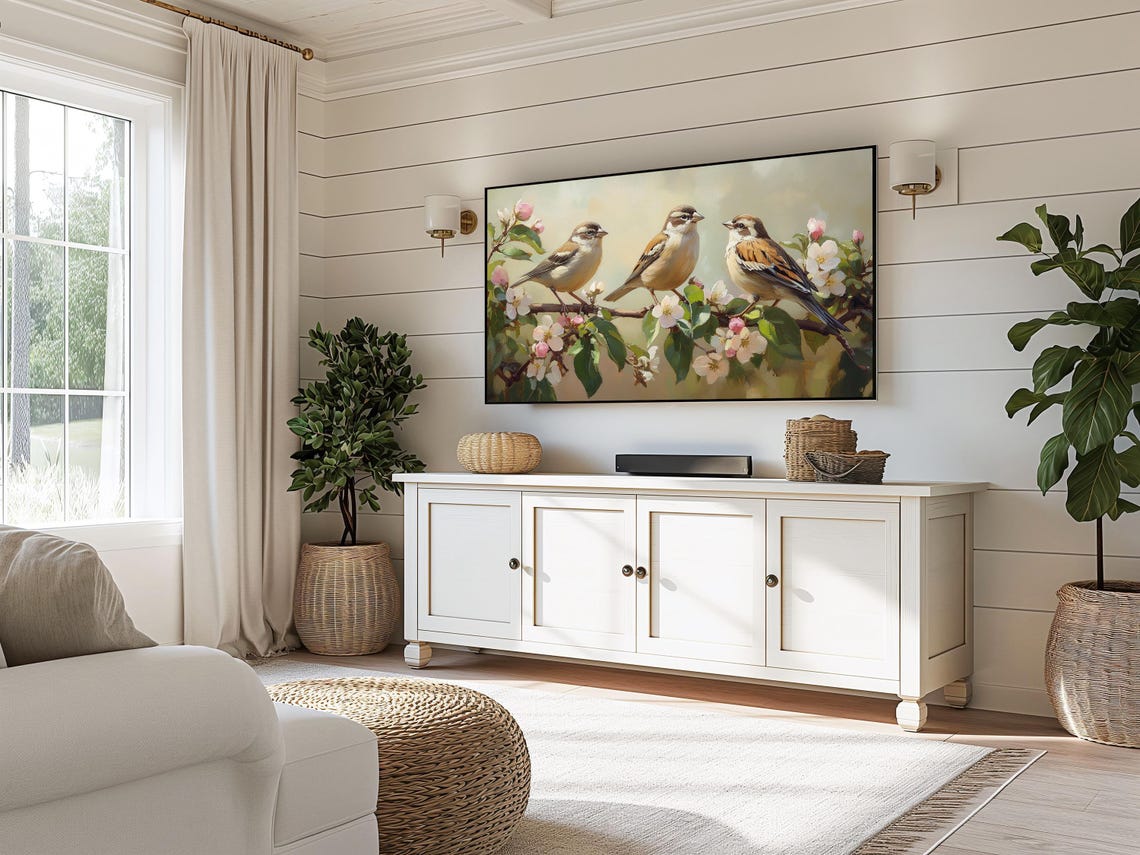 Three Sparrows On White Apple Blossom Branch Spring Morning Poster - Image 3