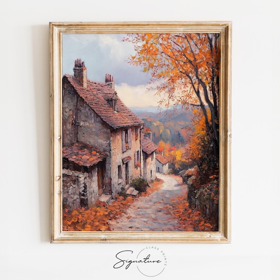 Autumn Village Street Stone Houses Red Roofs Fall Country Lane Poster