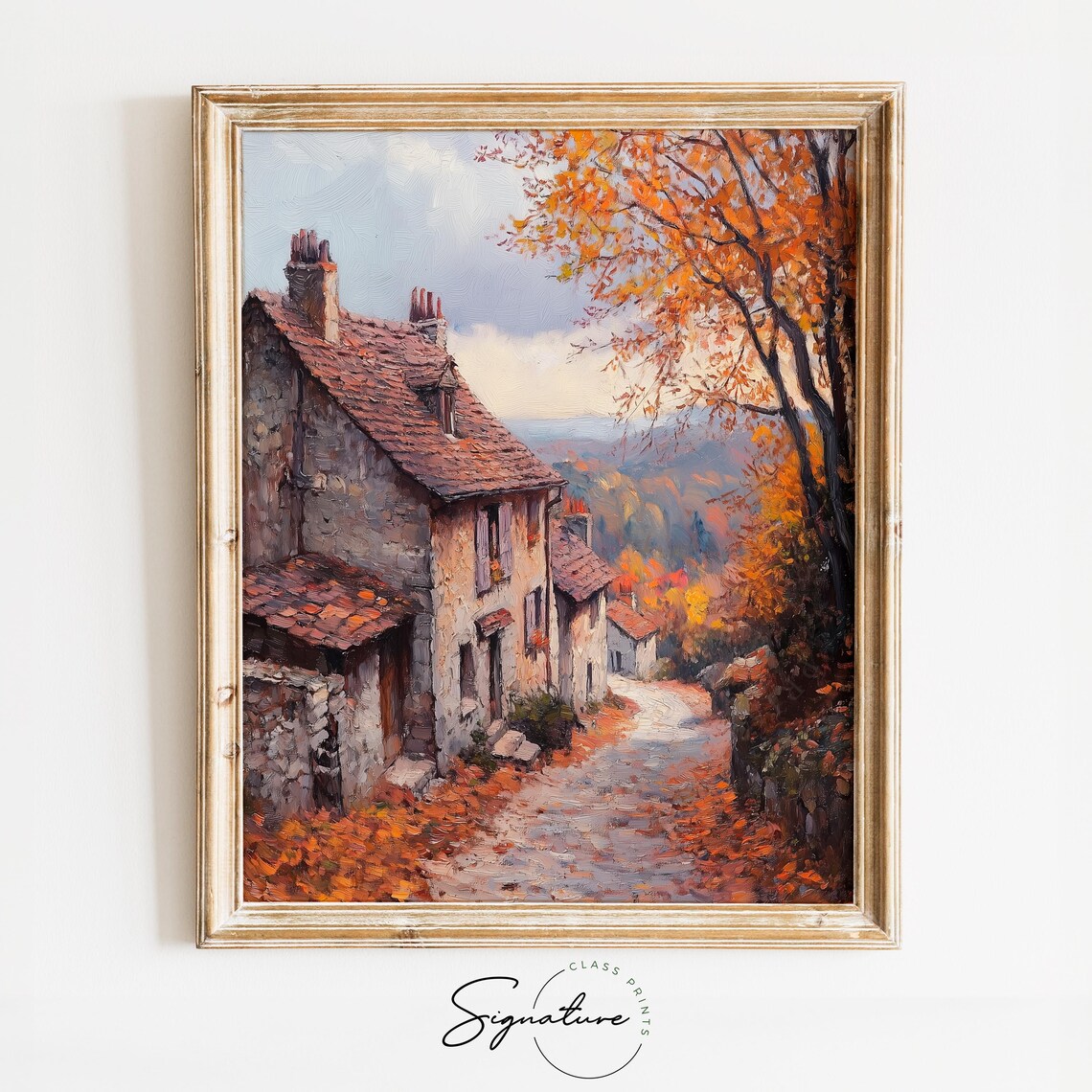 Autumn Village Street Stone Houses Red Roofs Fall Country Lane Poster
