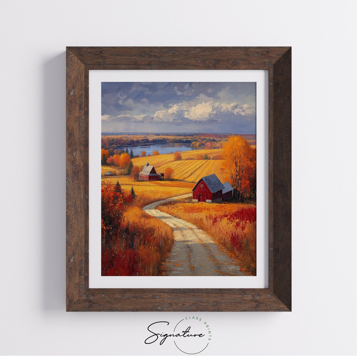 Autumn Farmland Panorama Red Barns Golden Fields Lake View Poster - Image 4