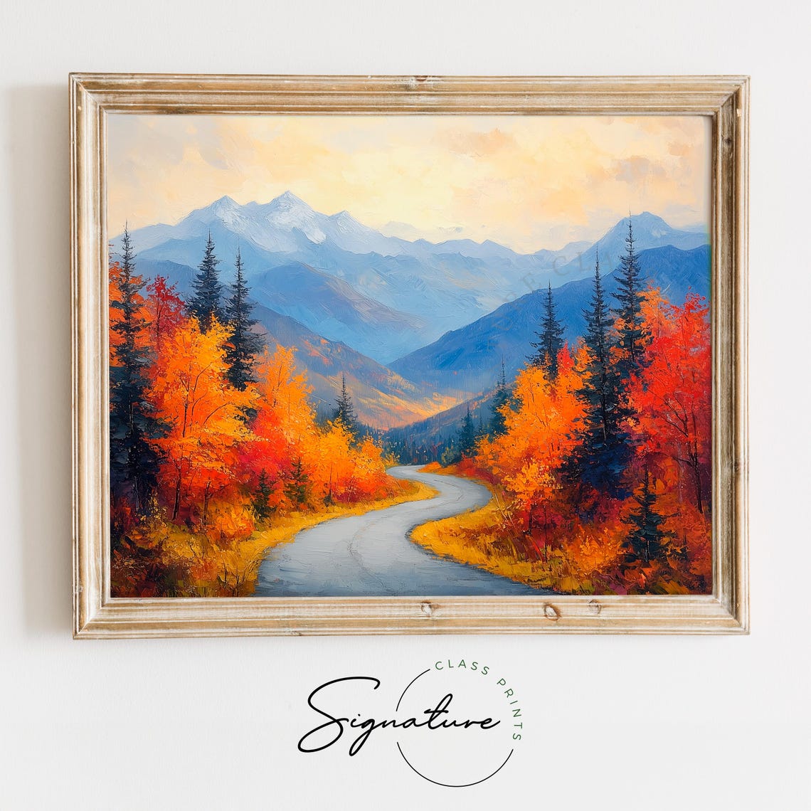 Mountain Road Winding Through Autumn Pines Toward Blue Peaks Poster