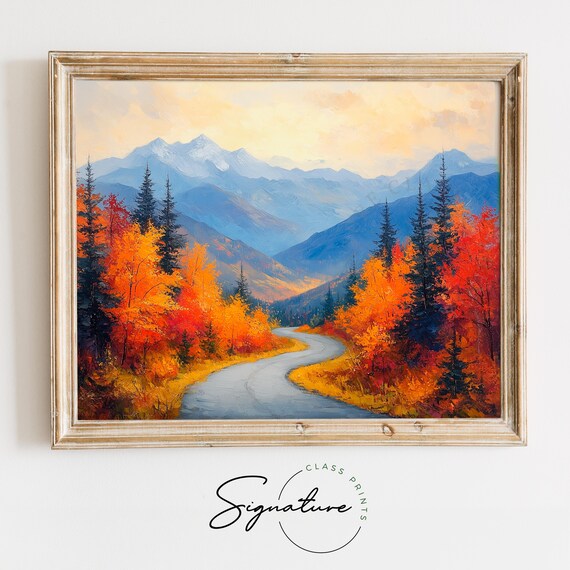 Mountain Road Winding Through Autumn Pines Toward Blue Peaks Poster