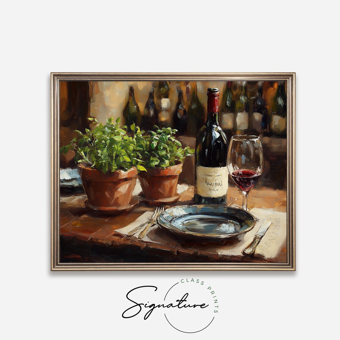 Rustic Wine Bottle And Herbs Table Vintage Italian Kitchen Painting Print - Image 2