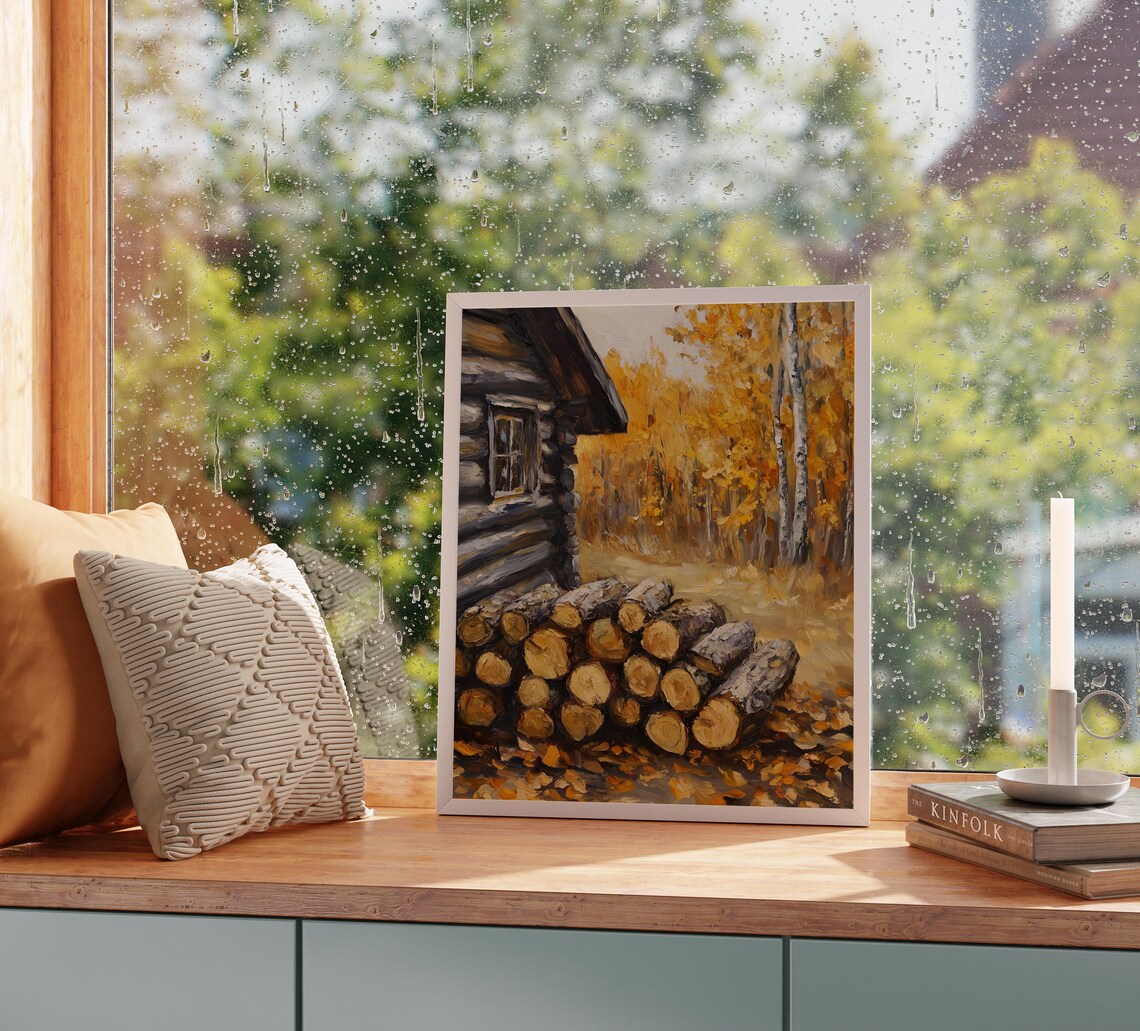 Stacked Firewood Log Cabin Golden Birch Trees Autumn Scene Poster - Image 2