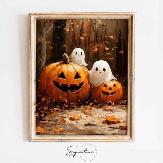 Two Cute Ghosts Jack O Lanterns Pumpkin Patch Halloween Poster