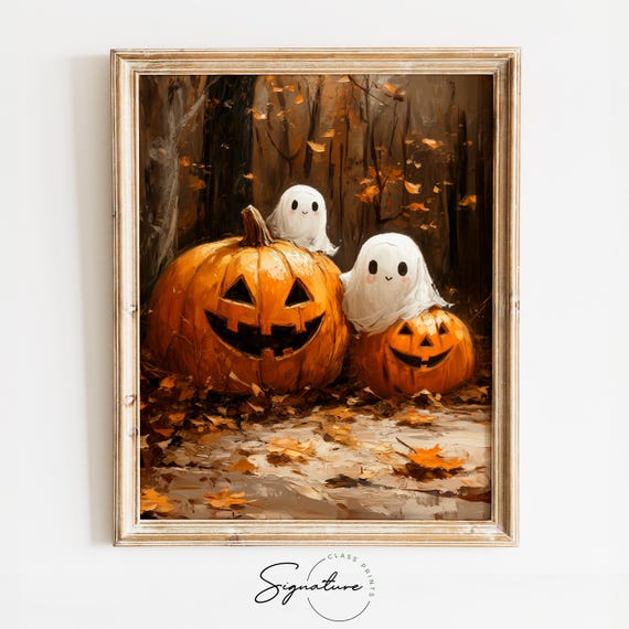 Whimsical Ghosts With Pumpkins Cute Halloween Fall Scene Spooky Cottagecore Autumn Art Vintage Halloween Wall Decor Art 1552