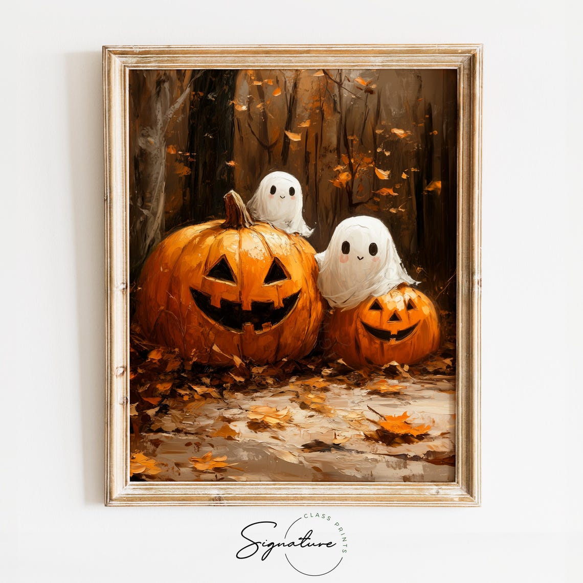 Two Cute Ghosts Jack O Lanterns Pumpkin Patch Halloween Poster