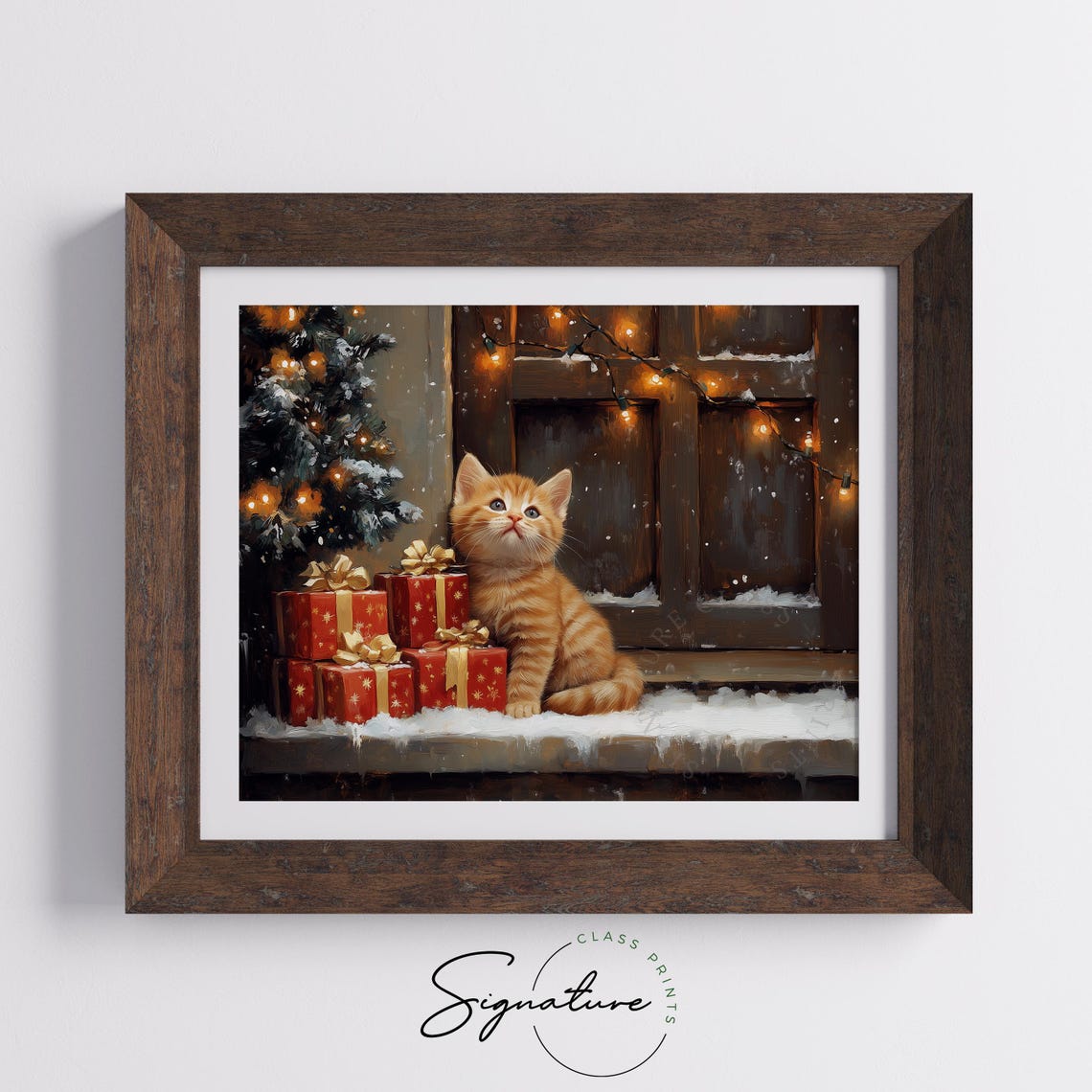 Ginger Kitten with Red Christmas Gifts on Snowy Windowsill Poster - Image 5
