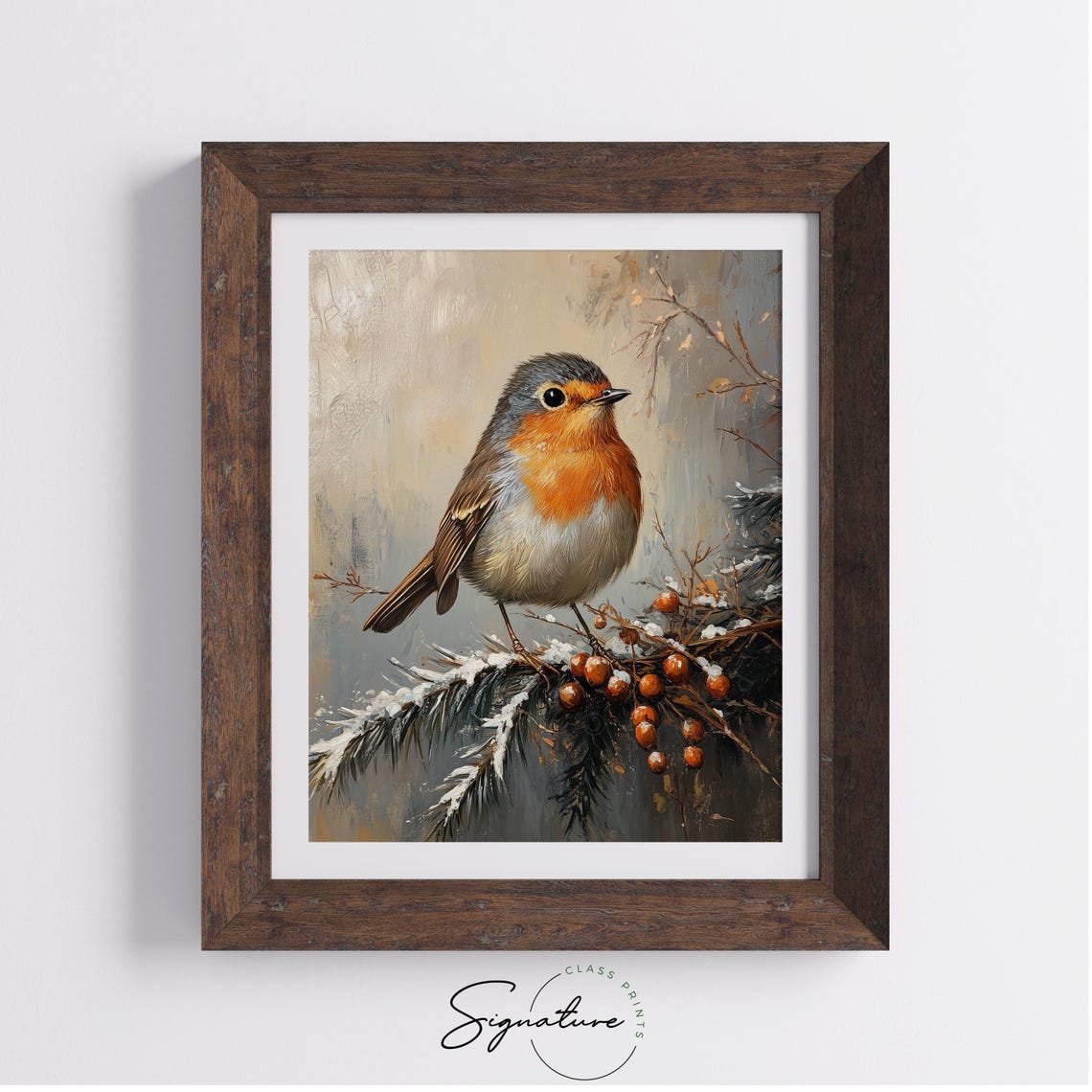 European Robin on Snowy Branch with Berries Winter Oil Painting Print - Image 3