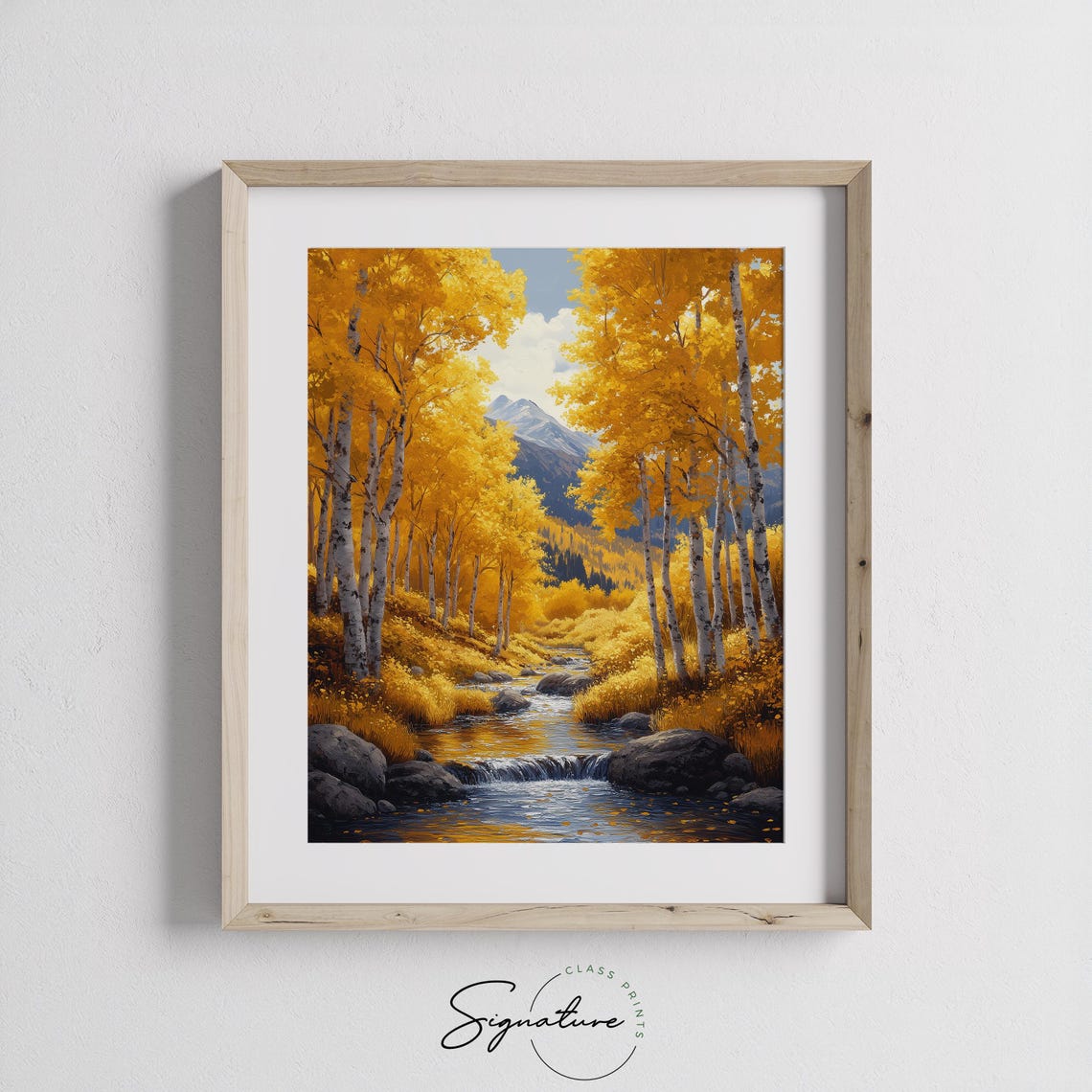 Golden Aspen Forest Mountain Stream Snowy Peak Landscape Print - Image 3