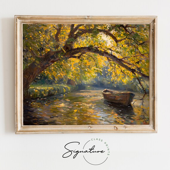 Golden Elm Tree Over Canal With Moored Rowboat Autumn Poster